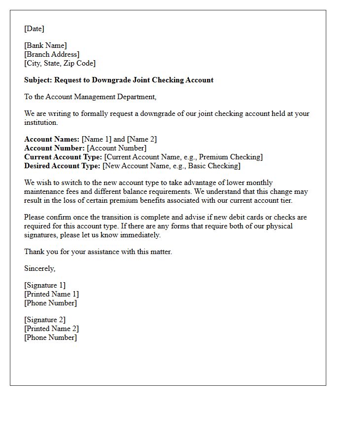 Joint Checking Account Downgrade Request Letter