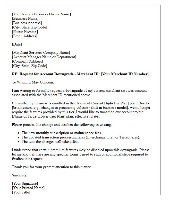 Merchant Services Account Downgrade Request Letter