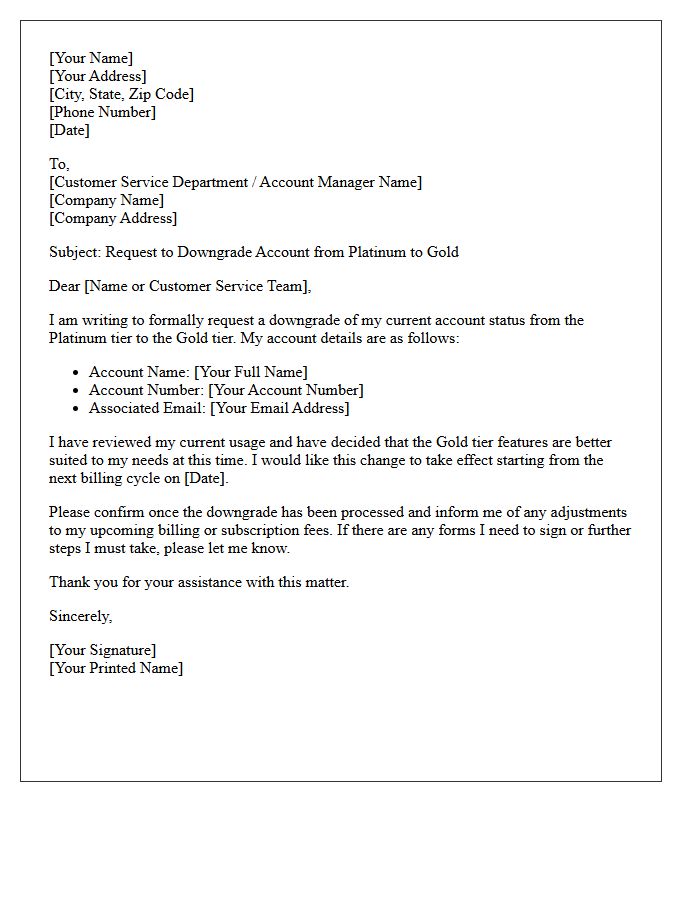 Platinum to Gold Account Downgrade Request Letter