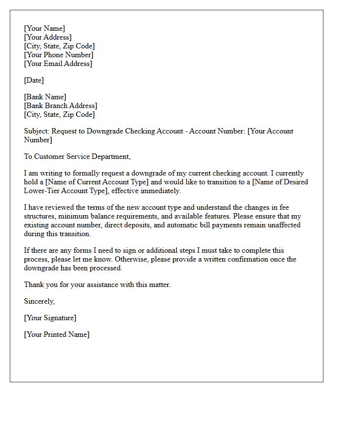 Standard Checking Account Downgrade Request Letter