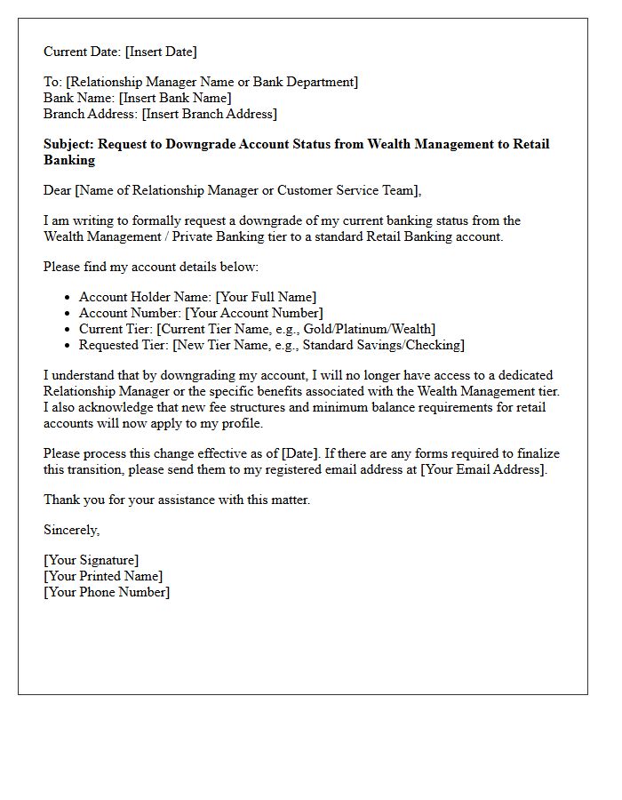 Wealth Management to Retail Account Downgrade Request Letter