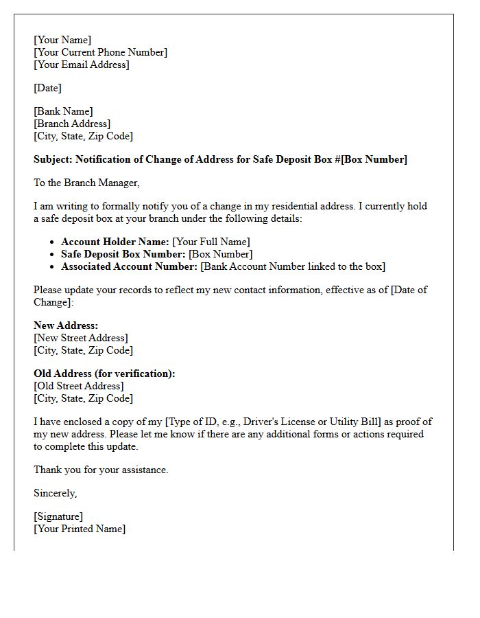 Safe Deposit Box Change of Registered Address Letter