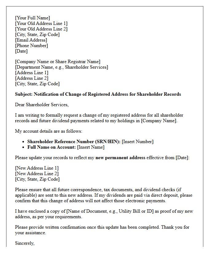 Shareholder Dividend Change of Registered Address Letter