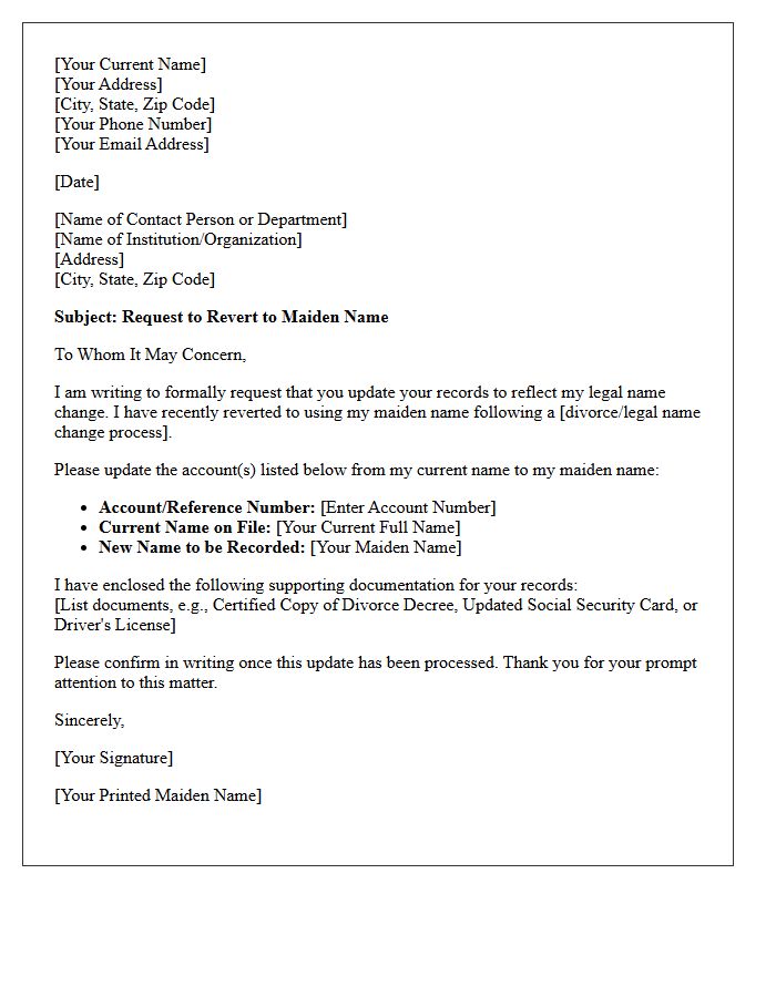 Maiden Name Reversion Request Letter