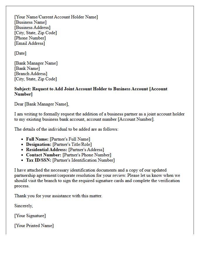 Addition of Business Partner as Joint Account Holder Letter