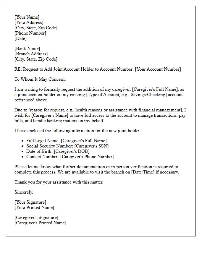 Addition of Caregiver as Joint Account Holder Letter