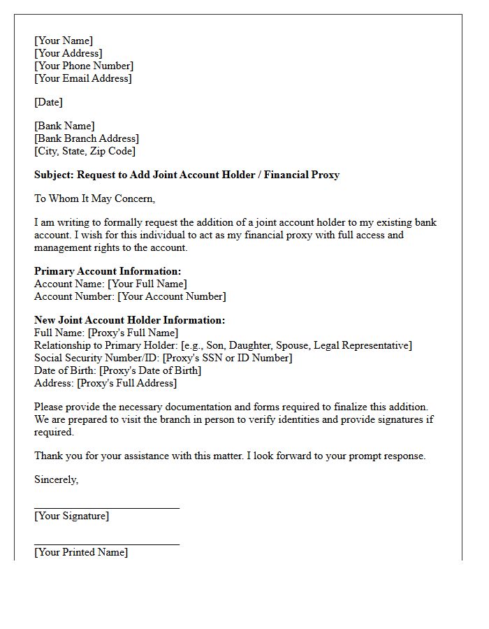 Addition of Financial Proxy as Joint Account Holder Letter