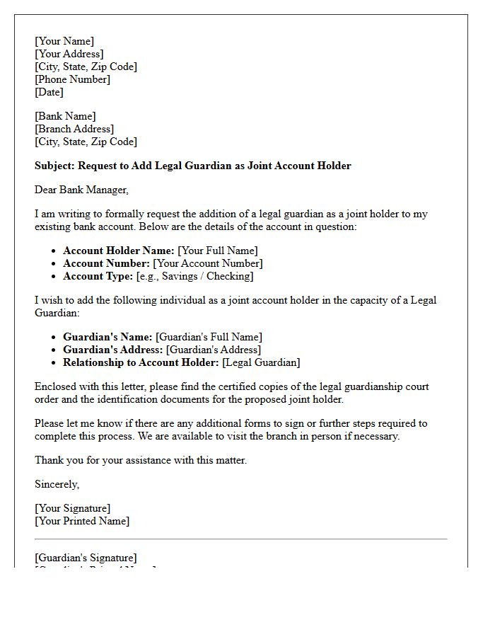 Addition of Legal Guardian as Joint Account Holder Letter