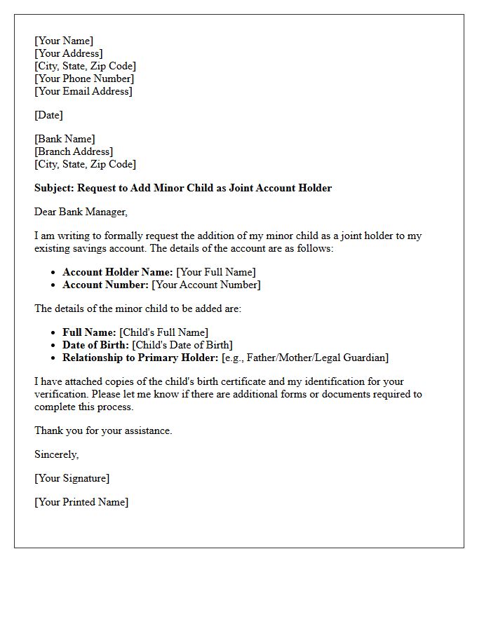 Addition of Minor Child as Joint Account Holder Letter