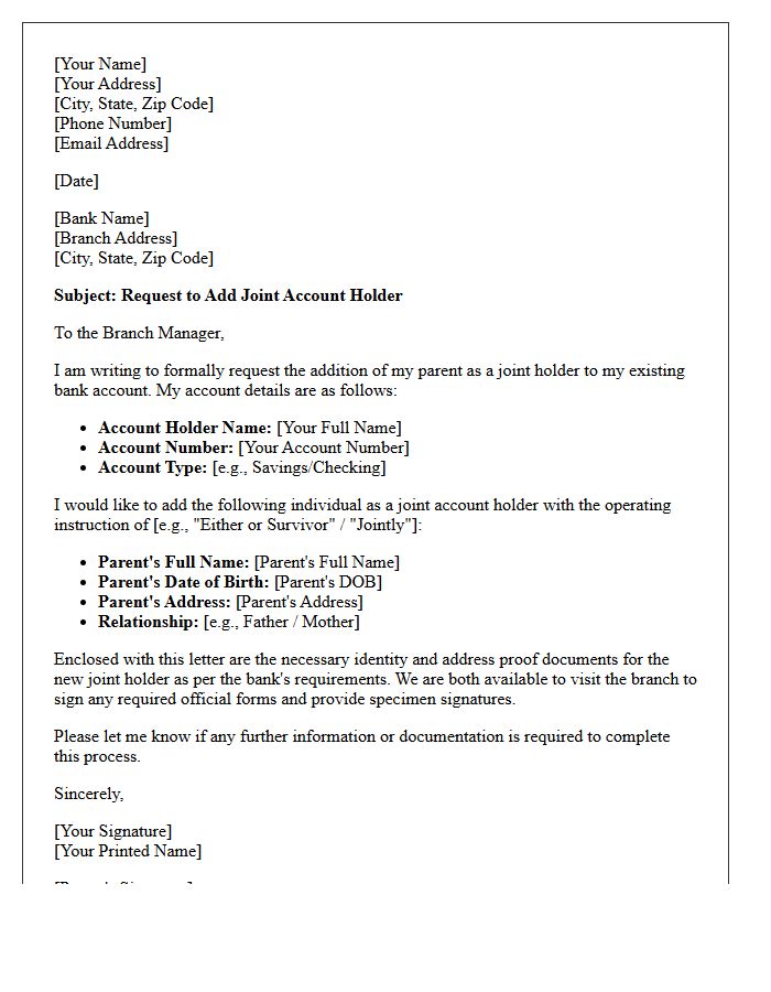 Addition of Parent as Joint Account Holder Letter