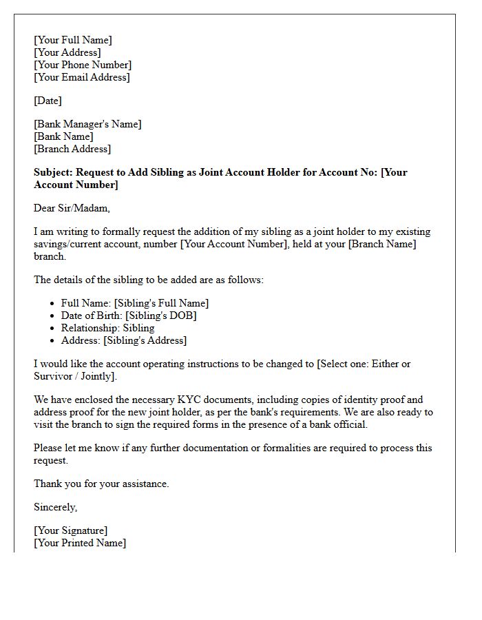 Addition of Sibling as Joint Account Holder Letter