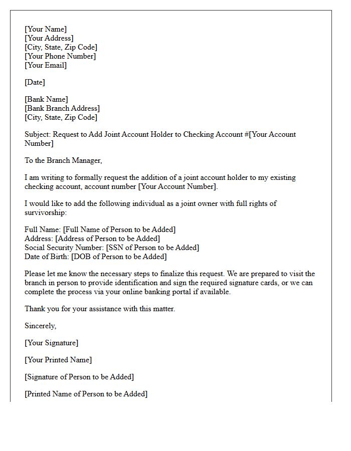 Checking Account Addition of Joint Account Holder Letter