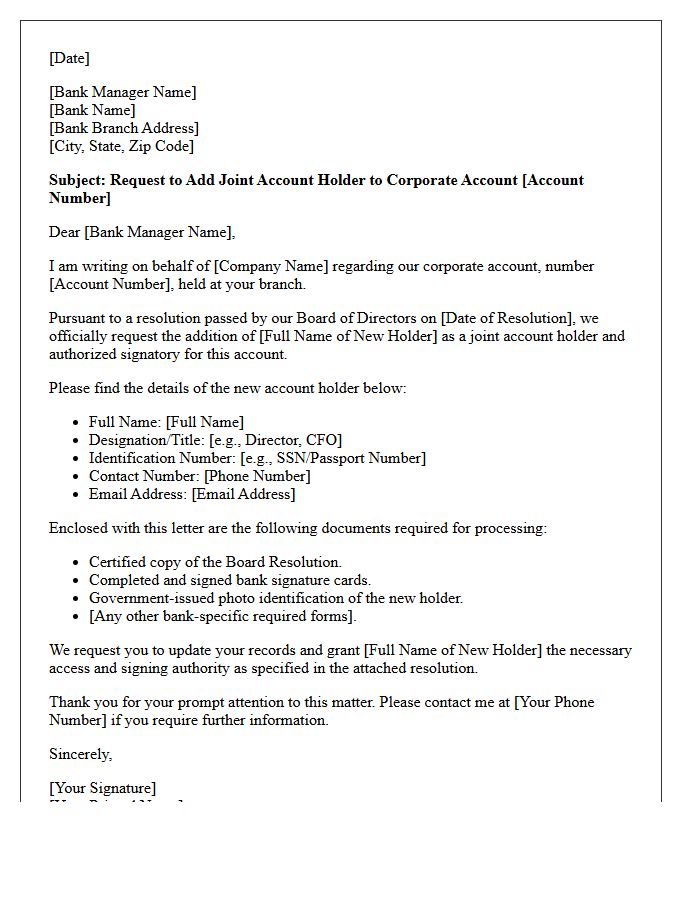 Corporate Account Addition of Joint Account Holder Letter
