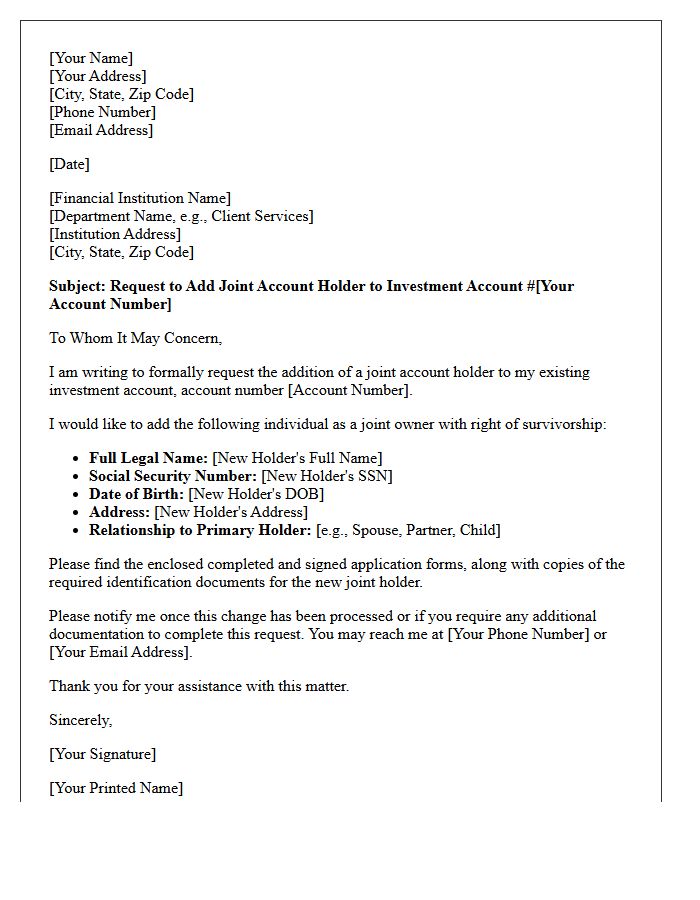 Investment Account Addition of Joint Account Holder Letter