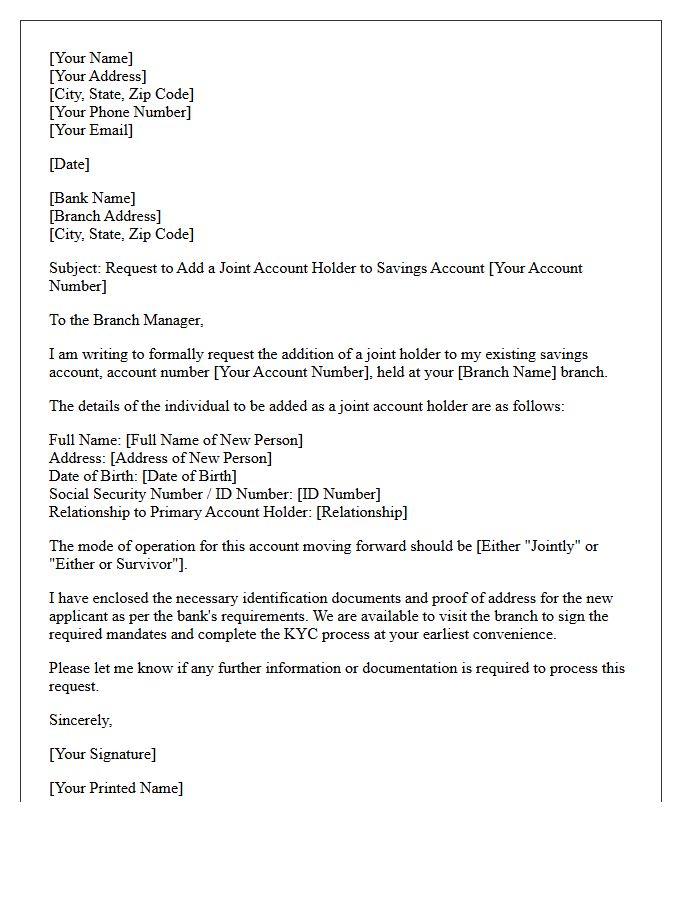 Savings Account Addition of Joint Account Holder Letter