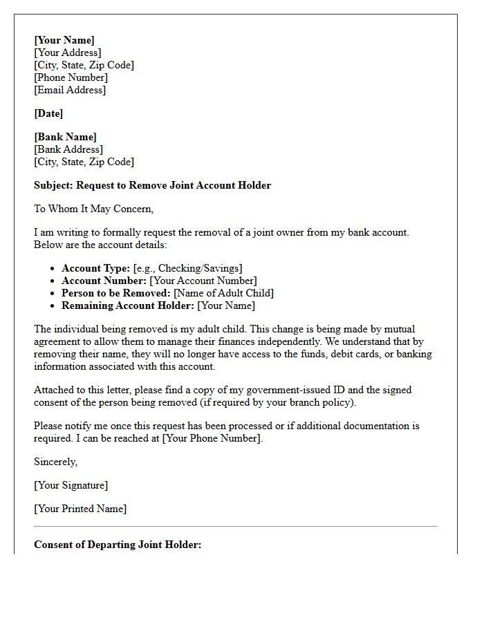 Adult Child Joint Account Holder Removal Letter
