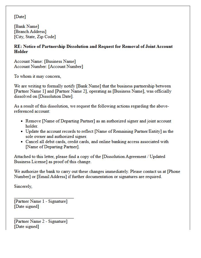 Business Partnership Dissolution Joint Account Holder Removal Letter
