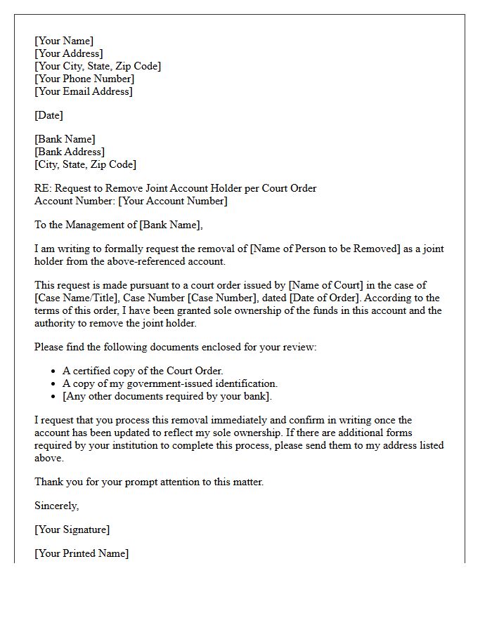 Court Ordered Joint Account Holder Removal Letter