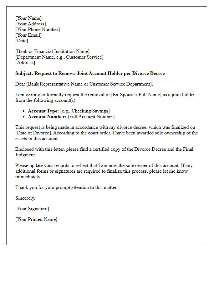 Divorce Decree Joint Account Holder Removal Letter