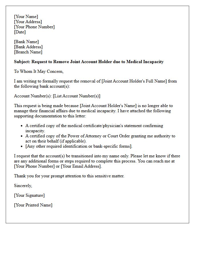 Medical Incapacity Joint Account Holder Removal Letter