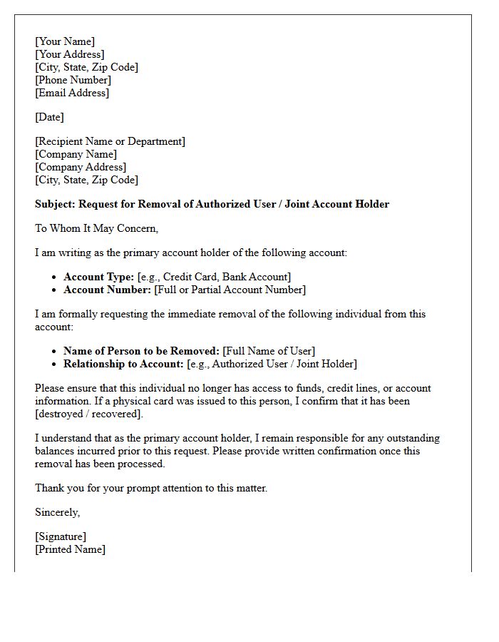 Primary Account Holder Initiated Removal Letter