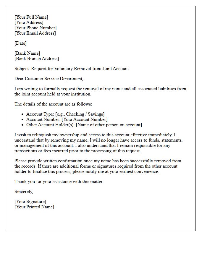 Voluntary Self-Removal From Joint Account Letter