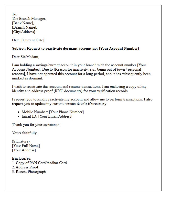 Branch Manager Dormant Account Activation Request Letter