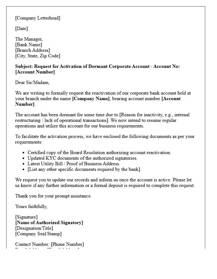 Corporate Dormant Account Activation Request Letter