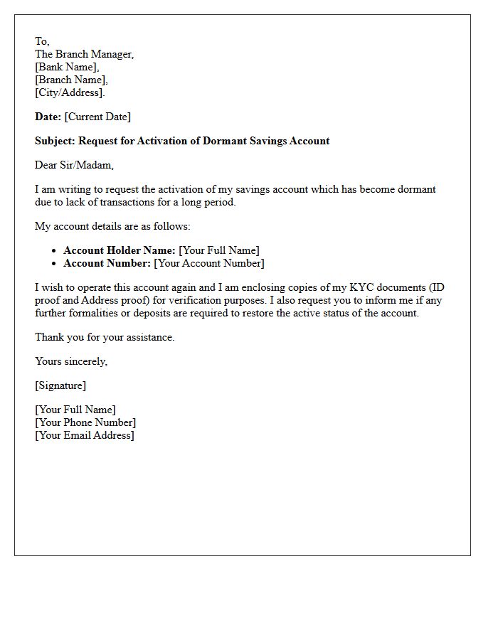 Savings Dormant Account Activation Request Letter