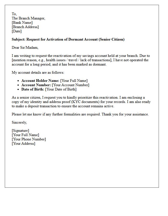 Senior Citizen Dormant Account Activation Request Letter