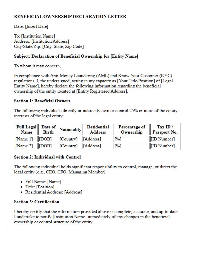 Beneficial Ownership Know Your Customer Declaration Letter