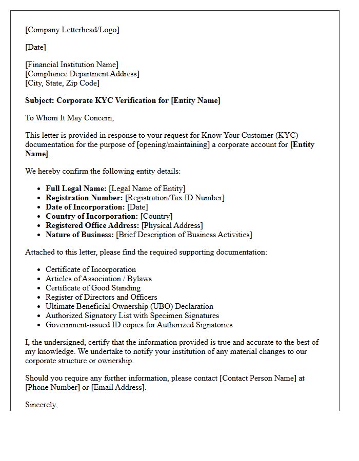 Corporate Account Know Your Customer Verification Letter