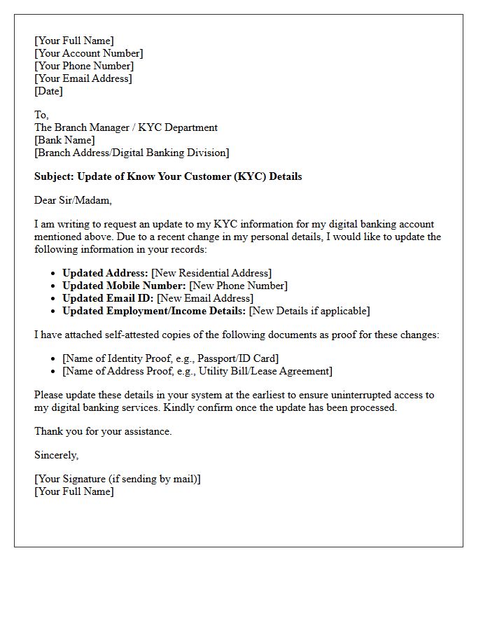 Digital Banking Know Your Customer Details Update Letter