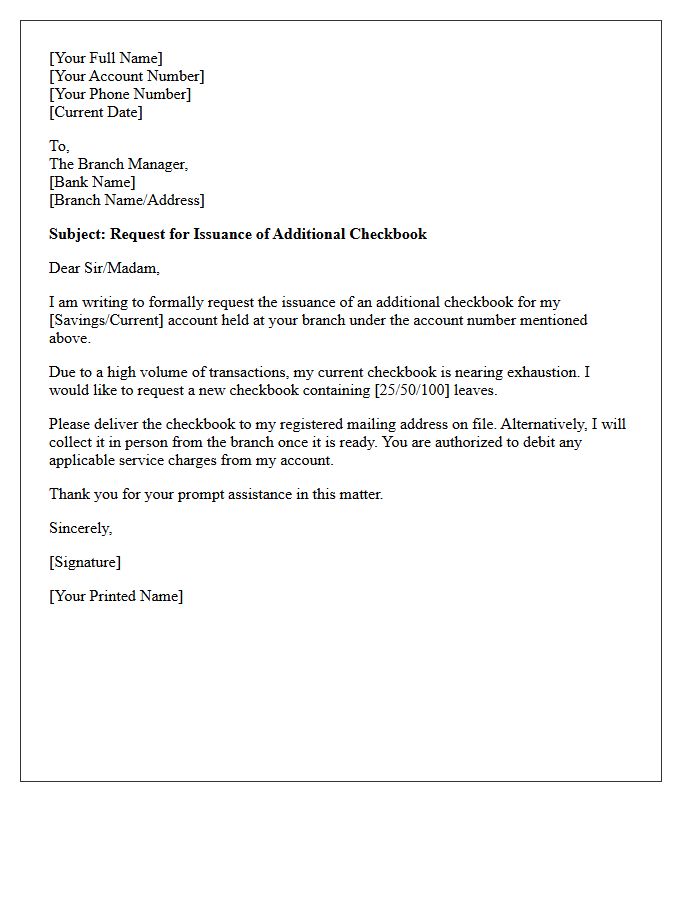 Additional Checkbook Issuance Request Letter