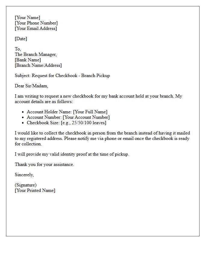 Branch Pickup Checkbook Request Letter
