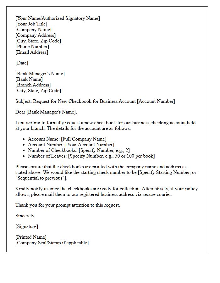 Business Account Checkbook Request Letter