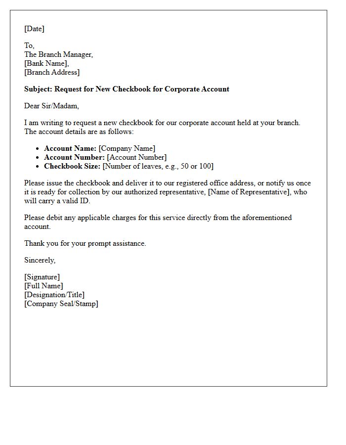 Corporate Account Checkbook Request Letter