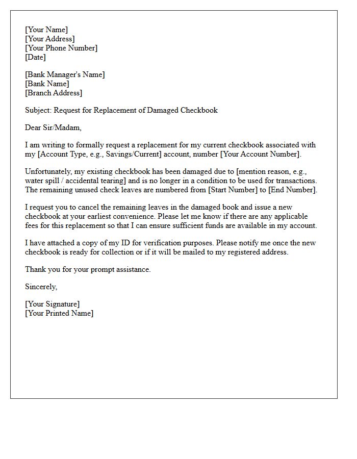 Damaged Checkbook Replacement Request Letter
