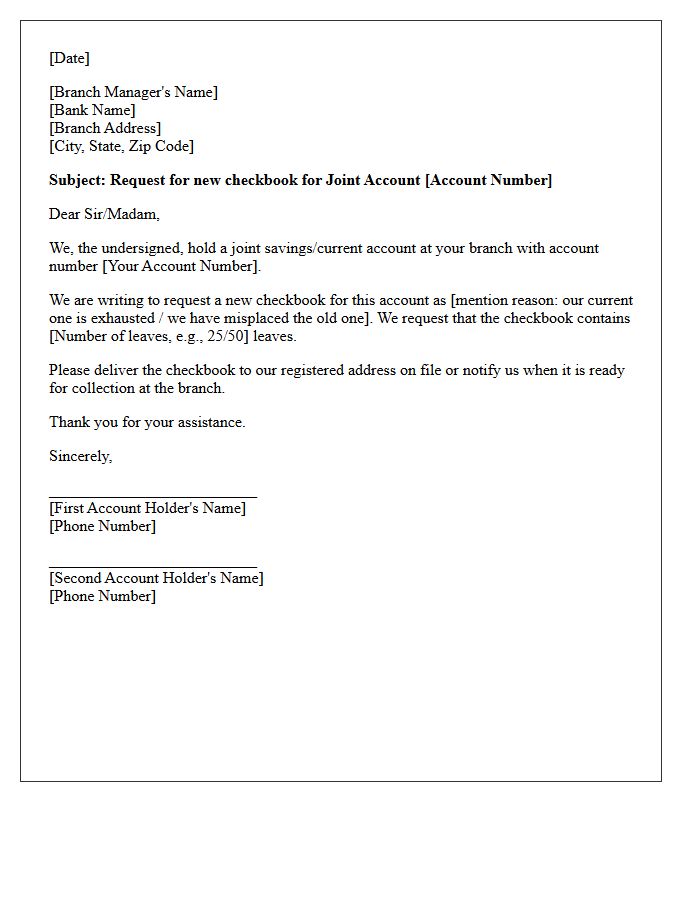 Joint Account Checkbook Request Letter