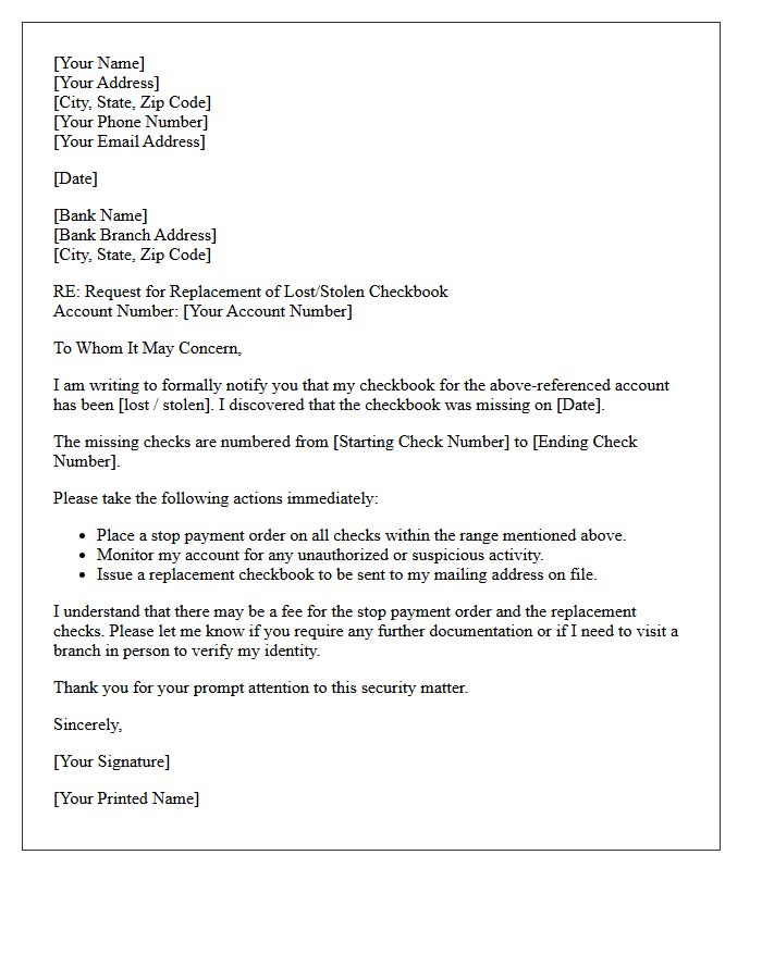 Lost Or Stolen Checkbook Replacement Request Letter