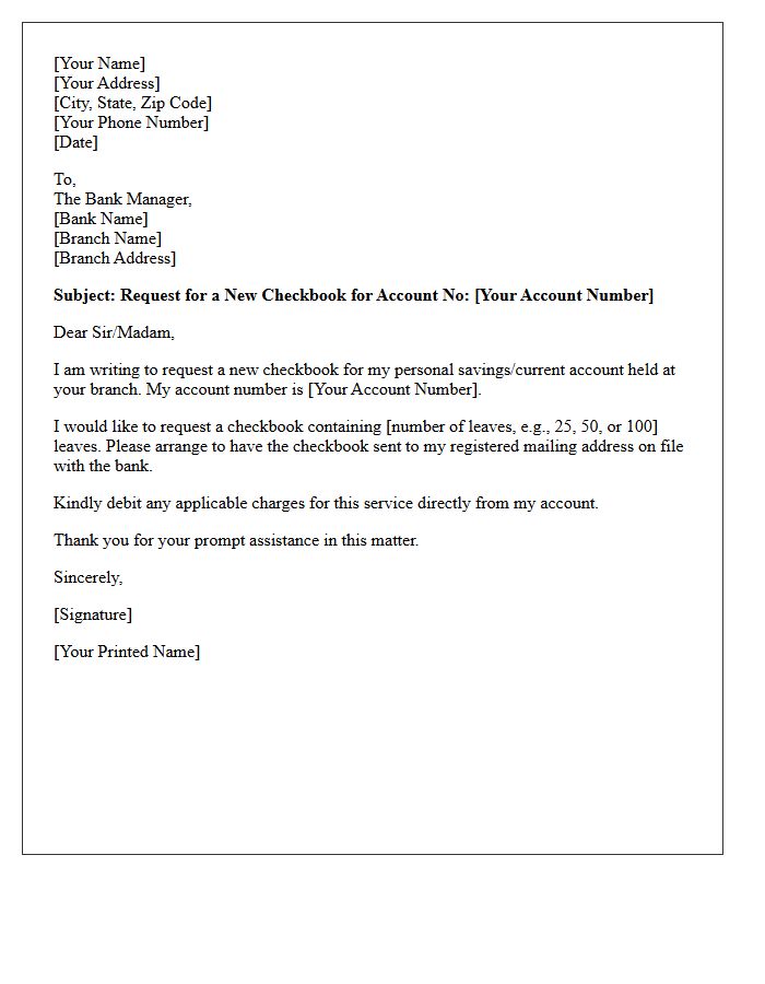 Personal Account Checkbook Request Letter