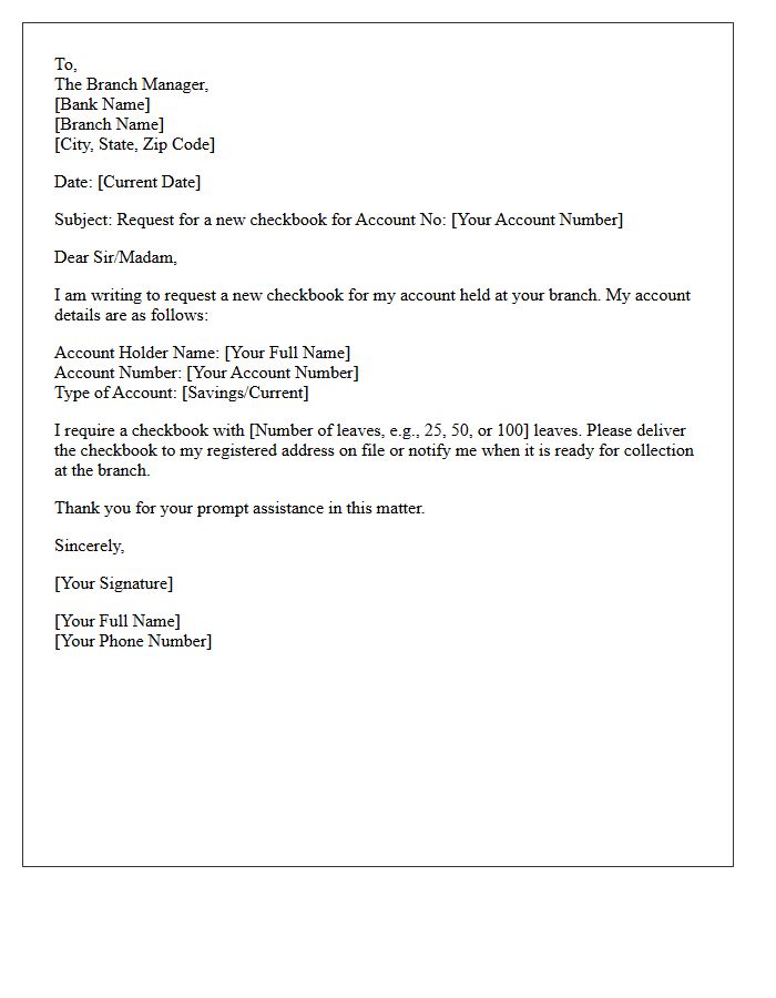 Standard New Checkbook Request Letter