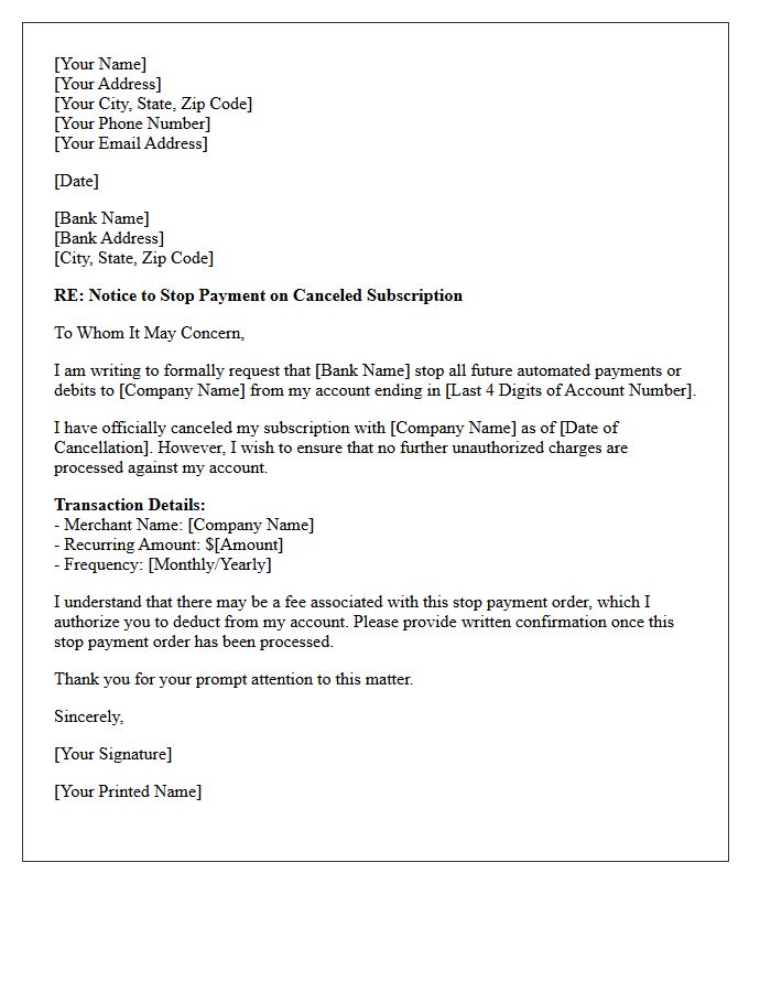 Canceled Subscription Stop Payment Request Letter