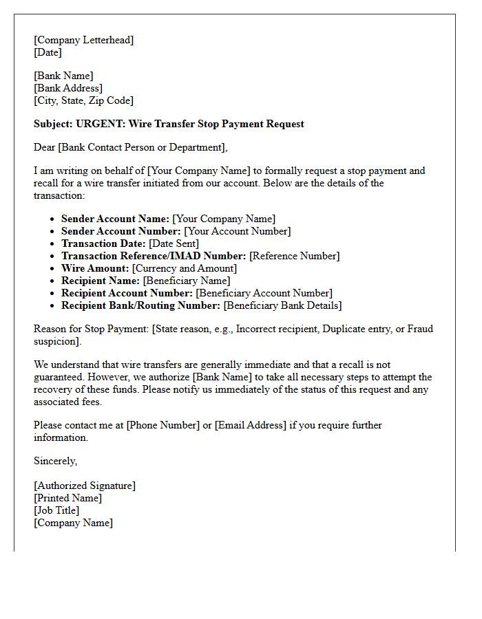 Corporate Wire Transfer Stop Payment Request Letter