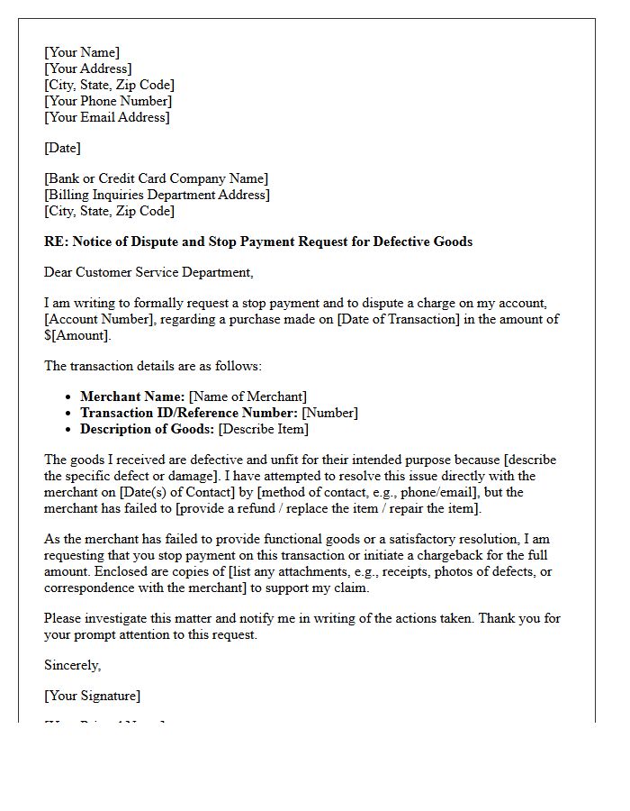 Defective Goods Stop Payment Request Letter