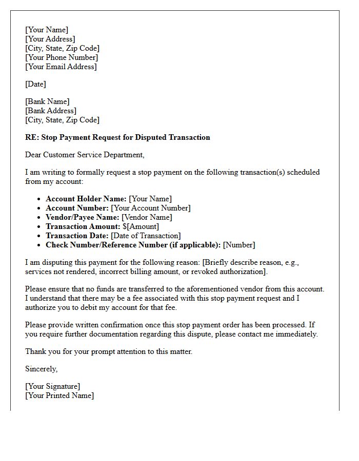Disputed Vendor Transaction Stop Payment Request Letter