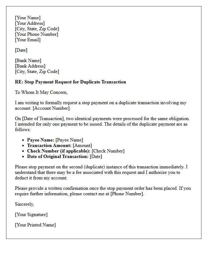 Duplicate Payment Stop Payment Request Letter