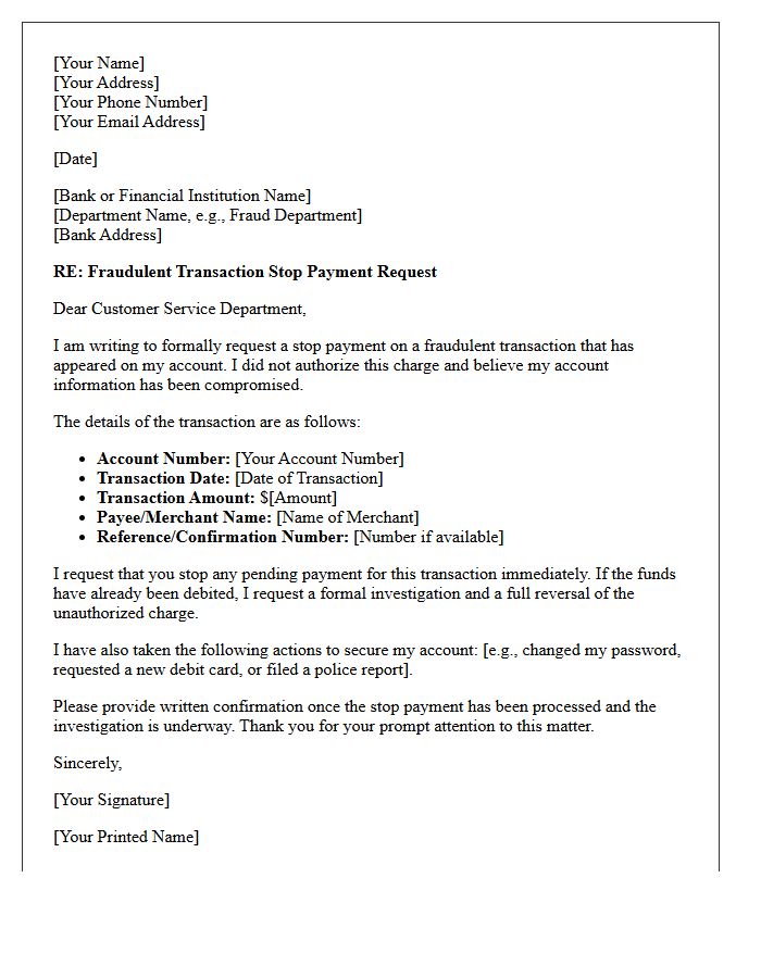 Fraudulent Transaction Stop Payment Request Letter