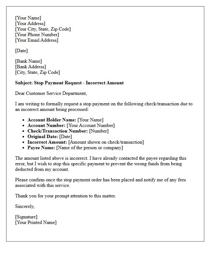 Incorrect Amount Stop Payment Request Letter