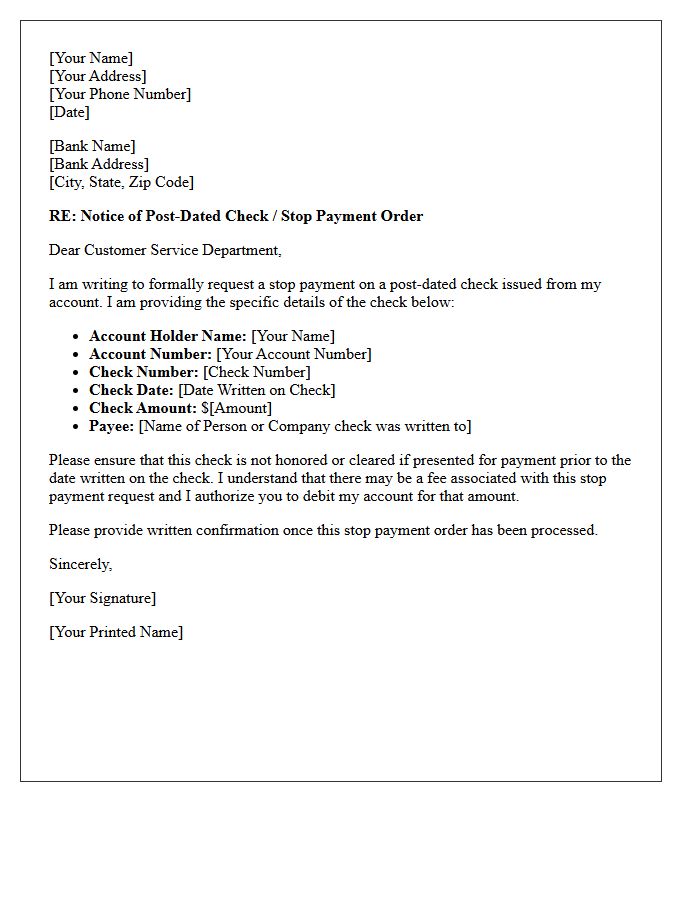 Post-Dated Check Stop Payment Request Letter